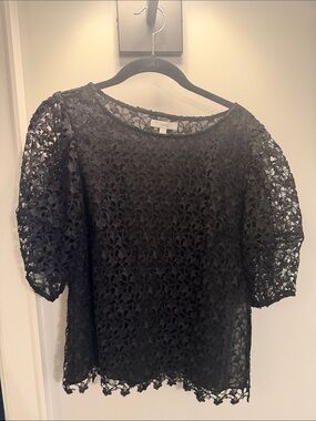 Joie Black Floral Crochet Puff-Sleeve Top